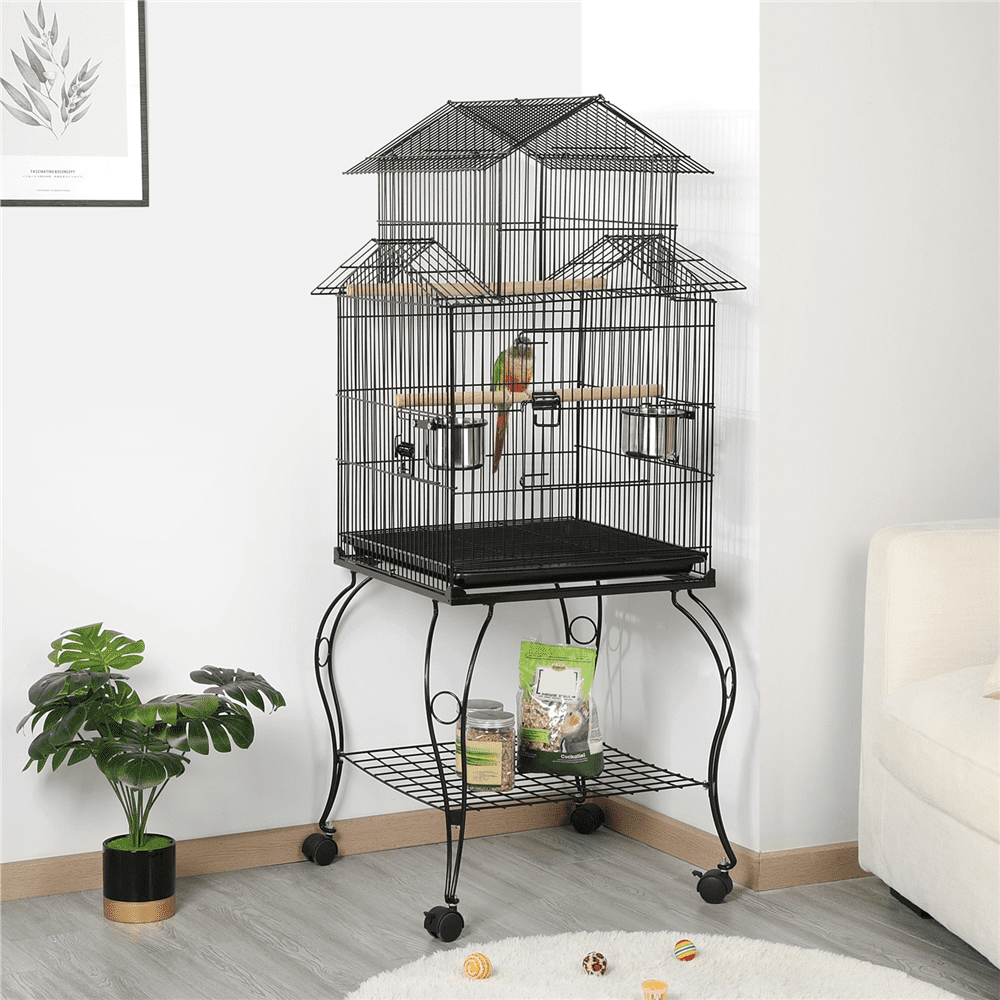 Easyfashion Large Metal Rolling Bird Cage Parrot Aviary Canary Pet Perch With Stand， Black