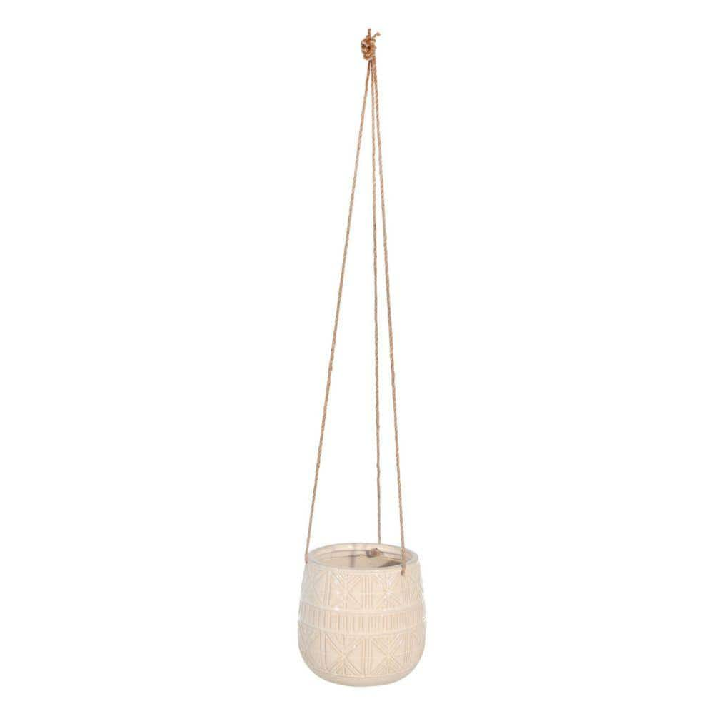 Benjara 7 in. L x 6.5 in. H Beige Hanging Planter with Ceramic Body and Abstract Details BM263811