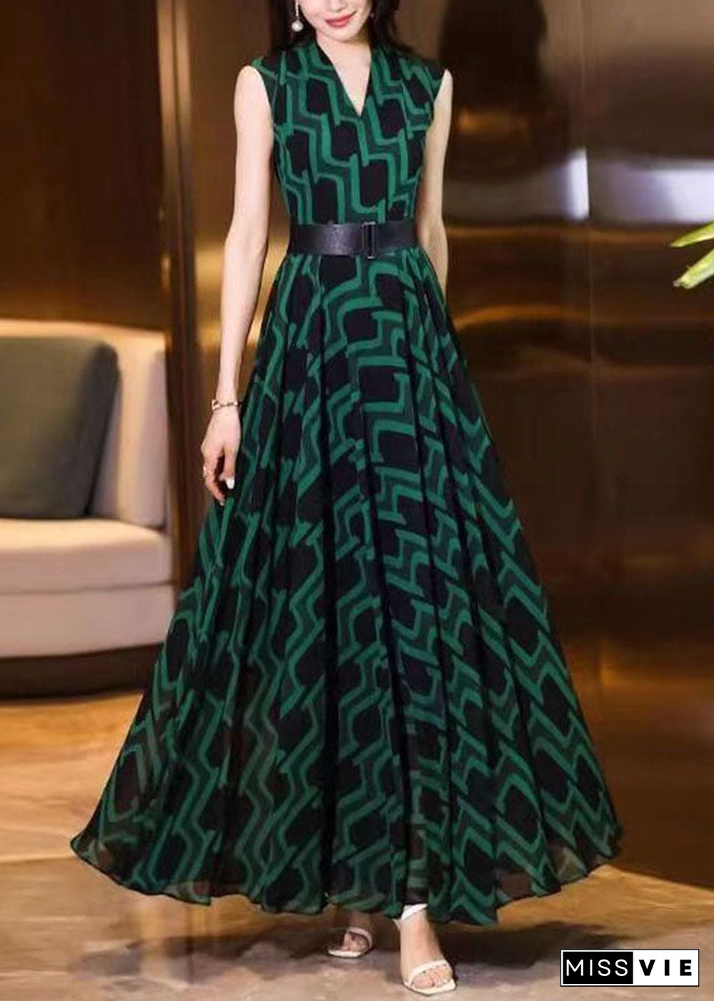 Fitted Blackish Green V Neck Striped Sashes Chiffon Long Dress Sleeveless