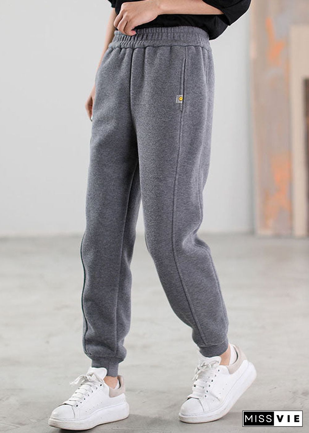 Women Grey Pockets Warm Fleece Casual Pants Winter