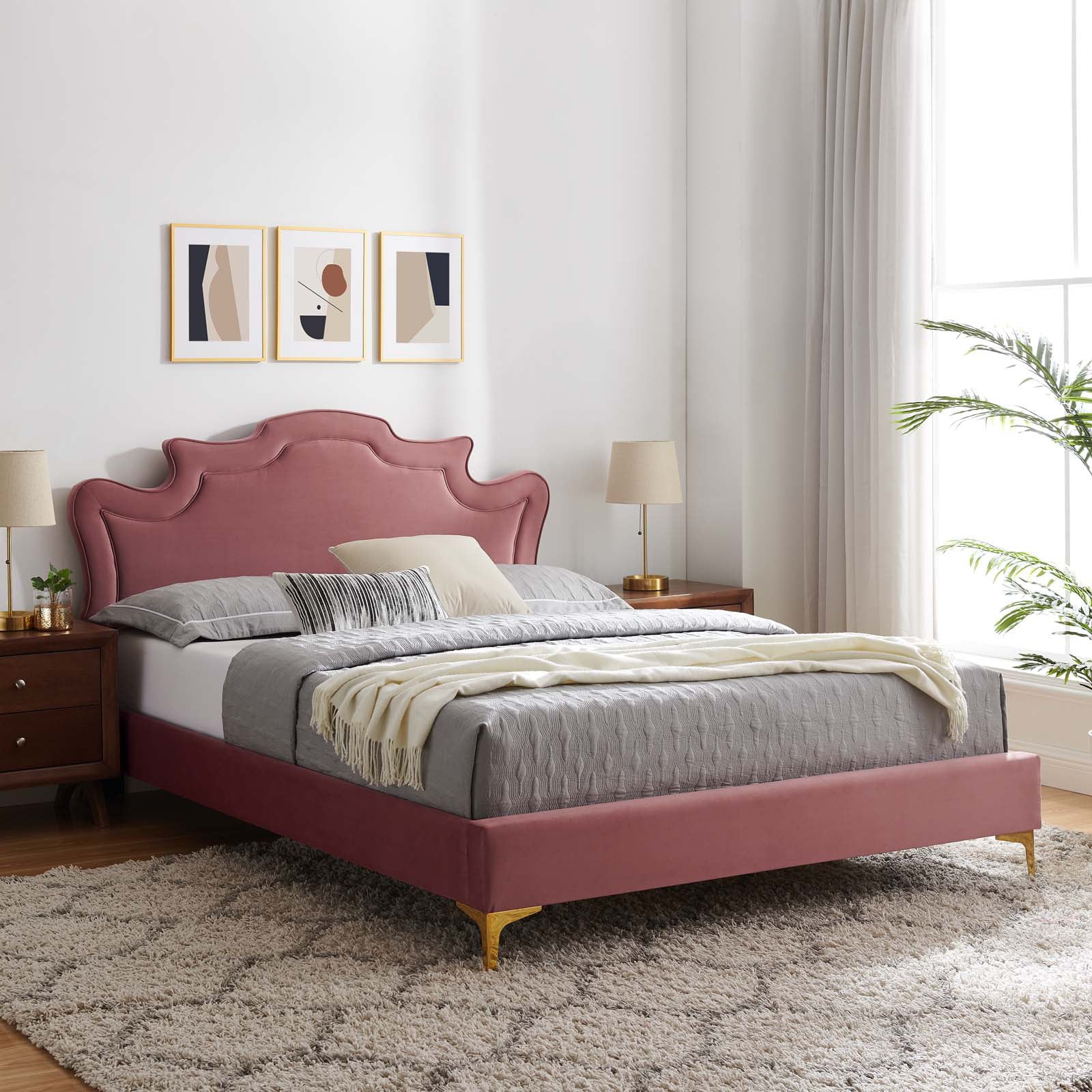 Full Bed, Scalloped Headboard, Dusty Pink Velvet