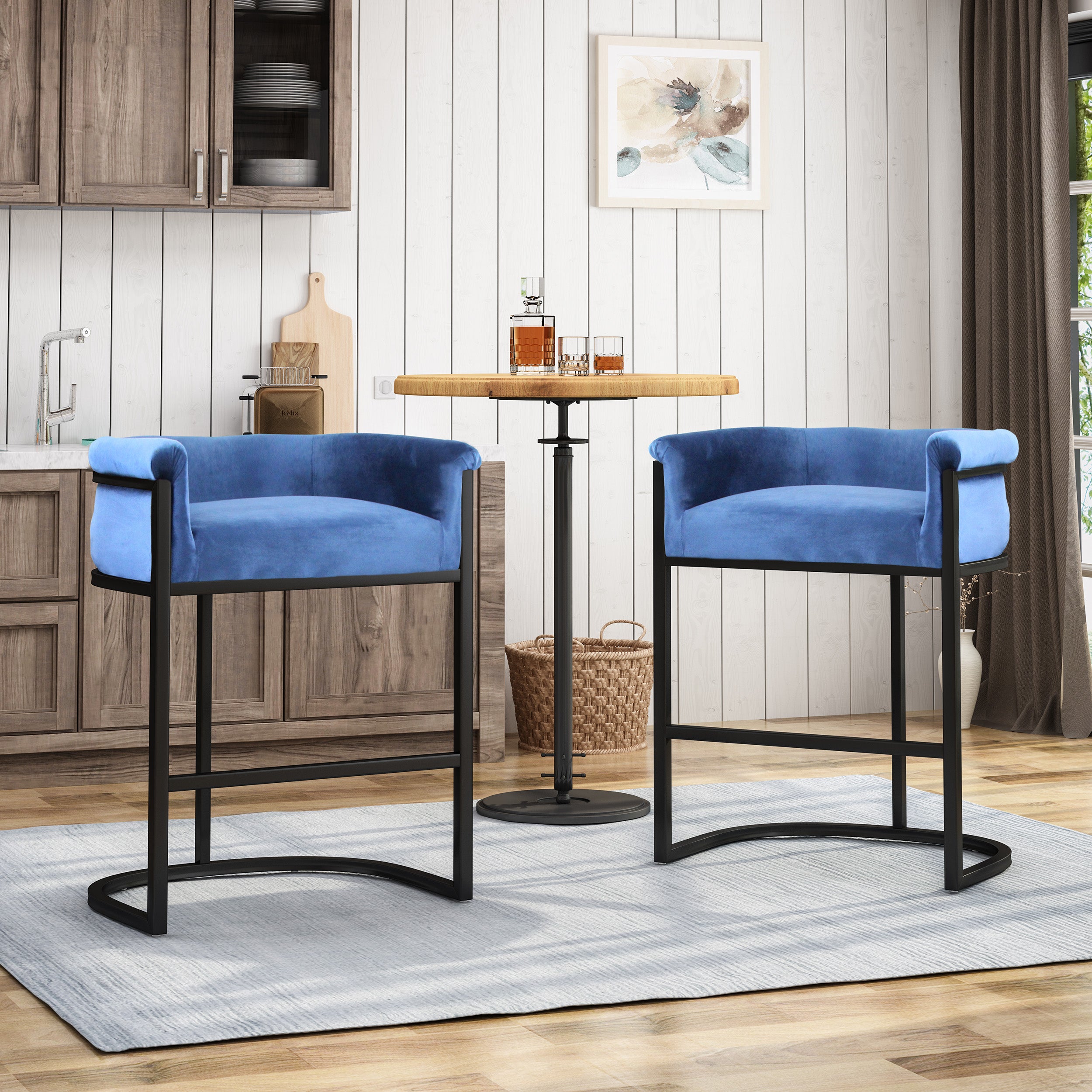 Best Modern Wide Bucket Velvet Barstool, Cobalt and Black (Set of 2)