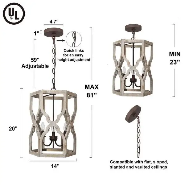 Modern Farmhouse 3-Light Wood Chandelier French Country Cylinder Island Light for Dining Room - D 14