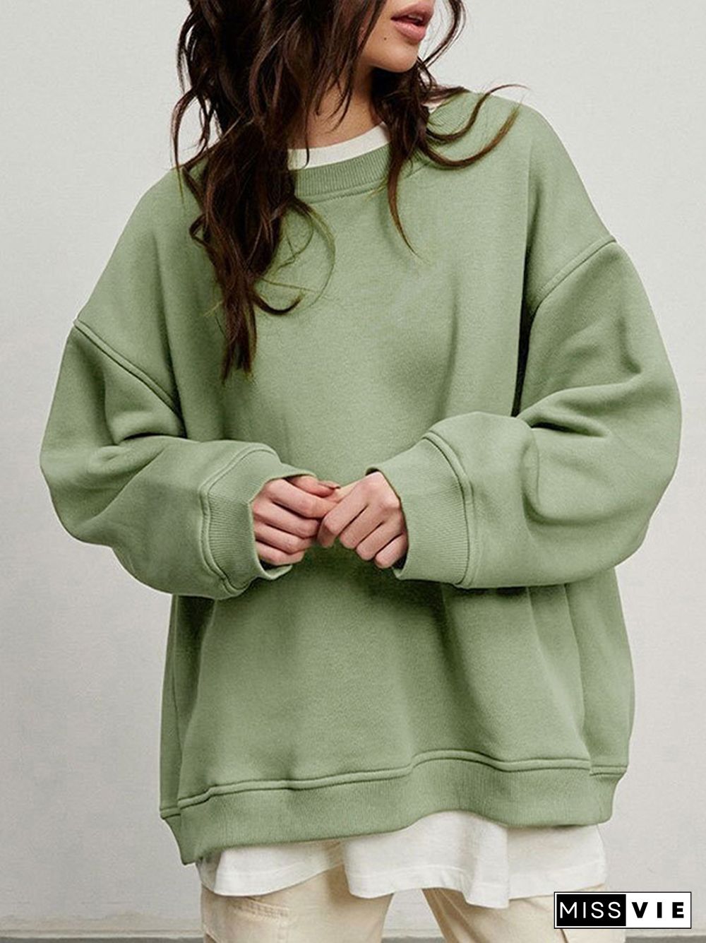 Long Sleeves Loose Solid Color Round-Neck Sweatshirt Tops