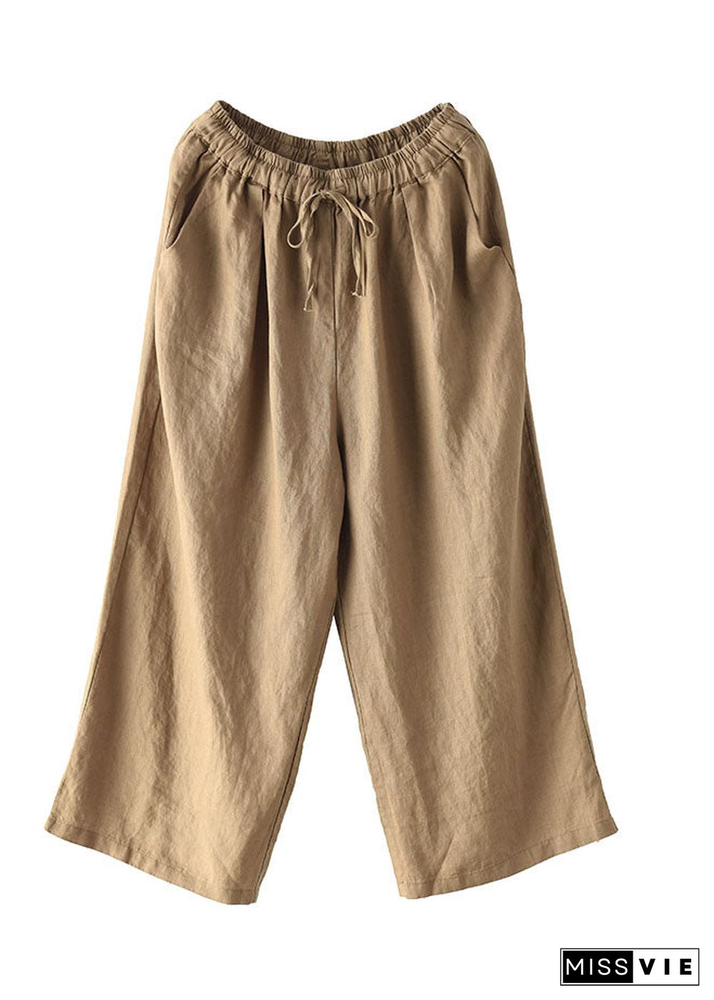 Loose Dark Khaki elastic waist drawstring Linen wide leg pants Spring