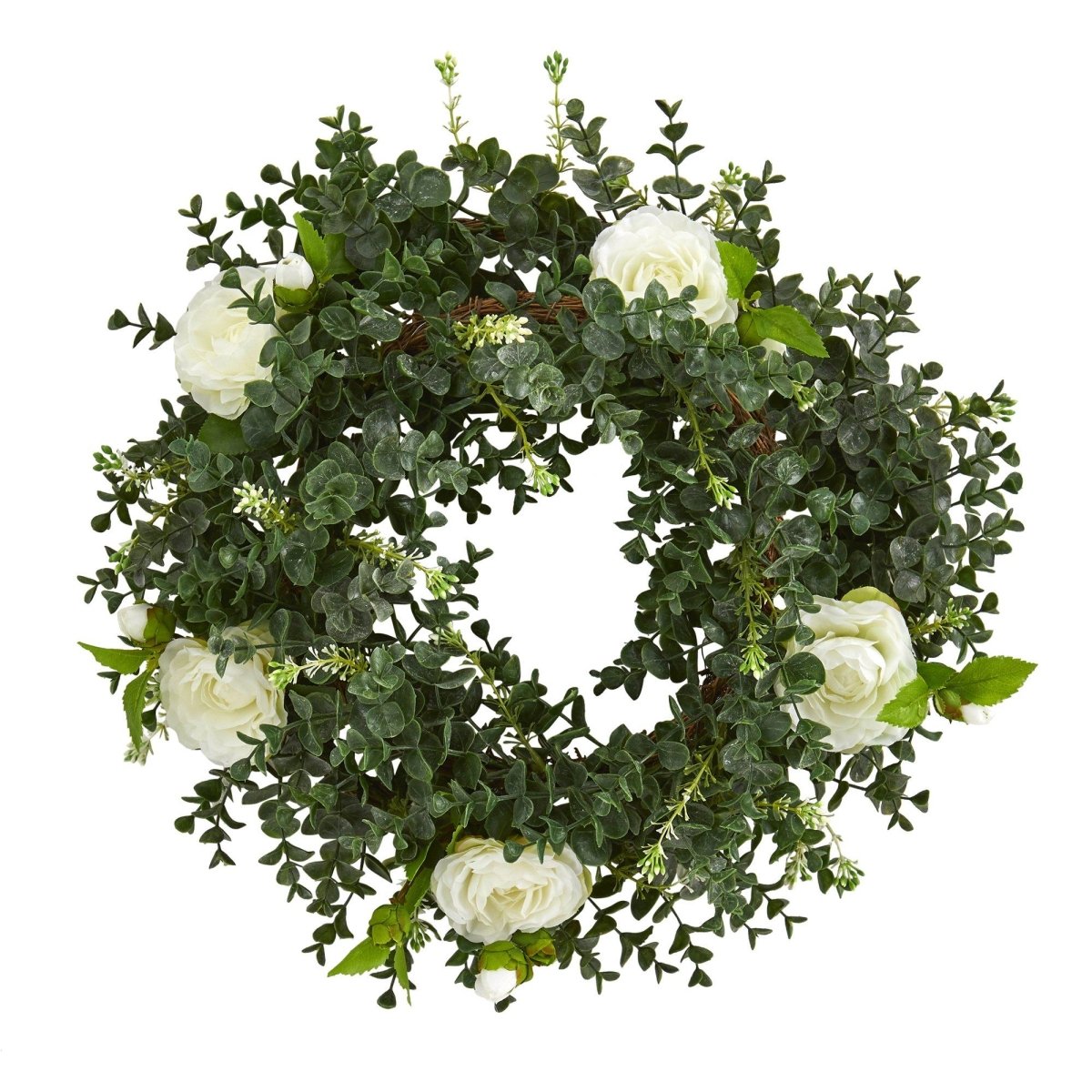 18” Eucalyptus and Camellia Double Ring Artificial Wreath with Twig Base