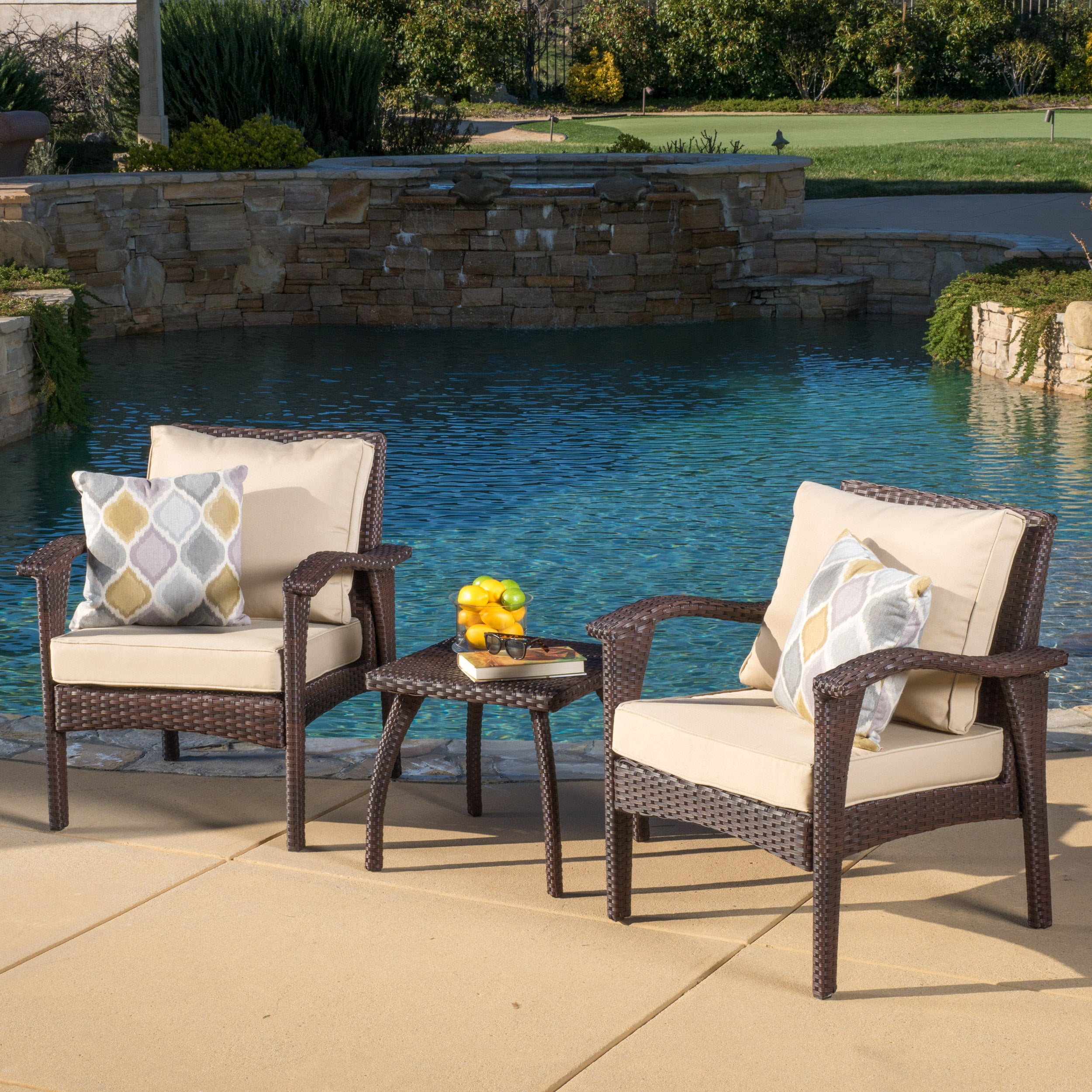 Maui Outdoor 3-piece Brown Wicker Chat Set with Cushions