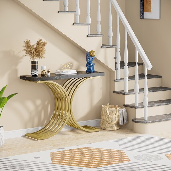 Gold Entryway Console Table with Metal Base， Modern foyer Entry tables， Narrow Sofa Accent Table with Marble Top