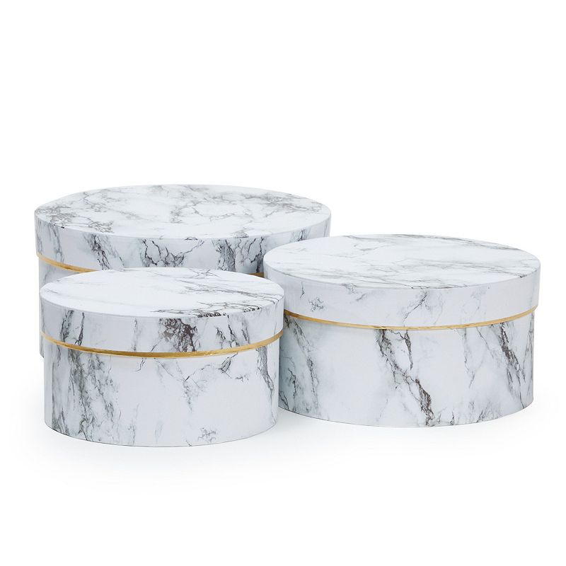 Set of 3 Small Round Gift Boxes with Lids， White Marble Print Cardboard Boxes (3 Sizes)