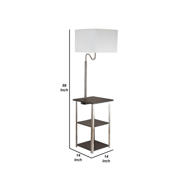 2 Shelf Wooden Side Table with Attached Floor Lamp， Silver and Brown