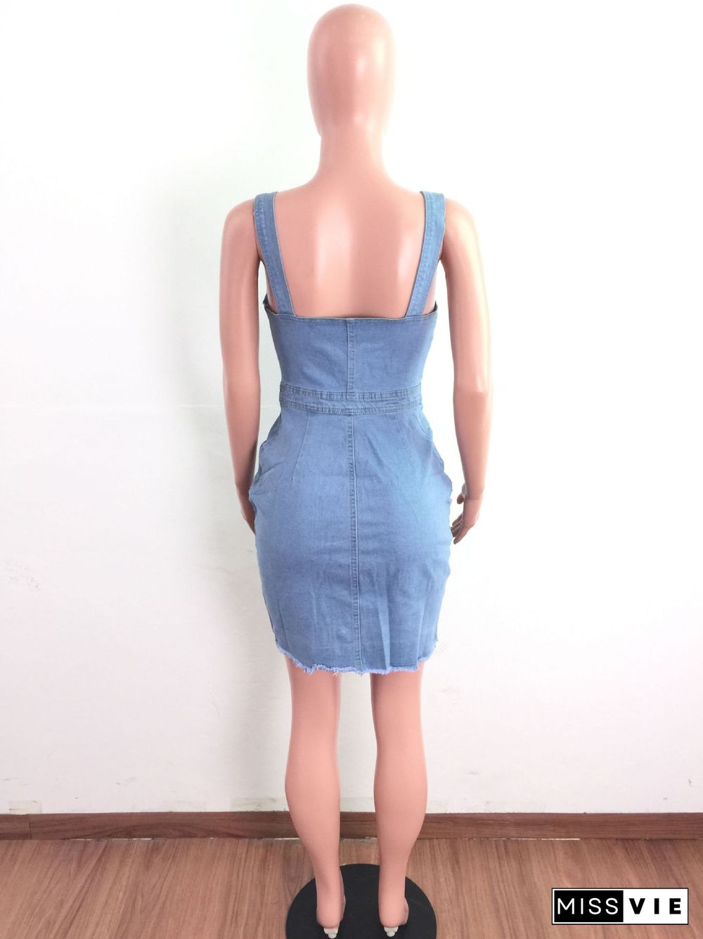 Fashion Summer Women's Suspender Sleeveless Low Neck Button Closure Slim Casual Bodycon Denim Dresses