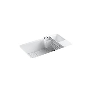 KOHLER Riverby Workstation Undermount Cast Iron 33 in. 5-Hole Single Bowl Kitchen Sink Kit in White with Accessories K-5871-5UA3-0