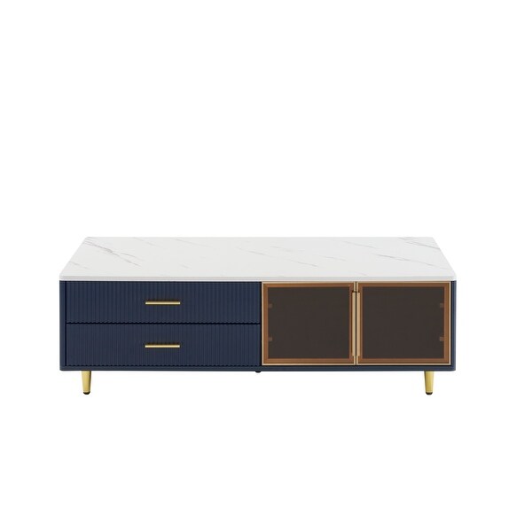 Coffee Table with 2 Glass Door Storage 4 Drawers Gold Metal Legs and MultiColor Lighting in 47.2''