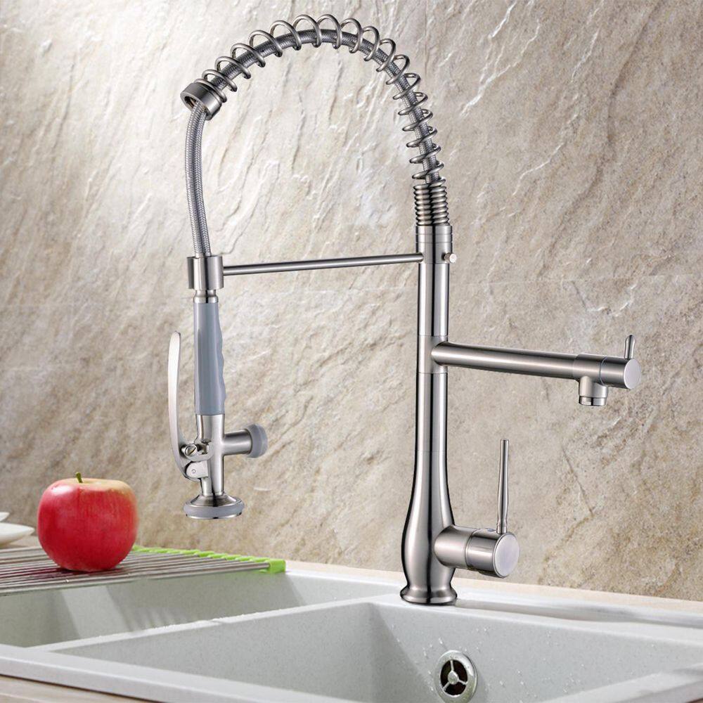 GIVING TREE Single-Handles 2-Spout Commercial Pre-Rinse Spring Pull Down Sprayer Kitchen Faucet in Brushed Nickel HDLTQA0019