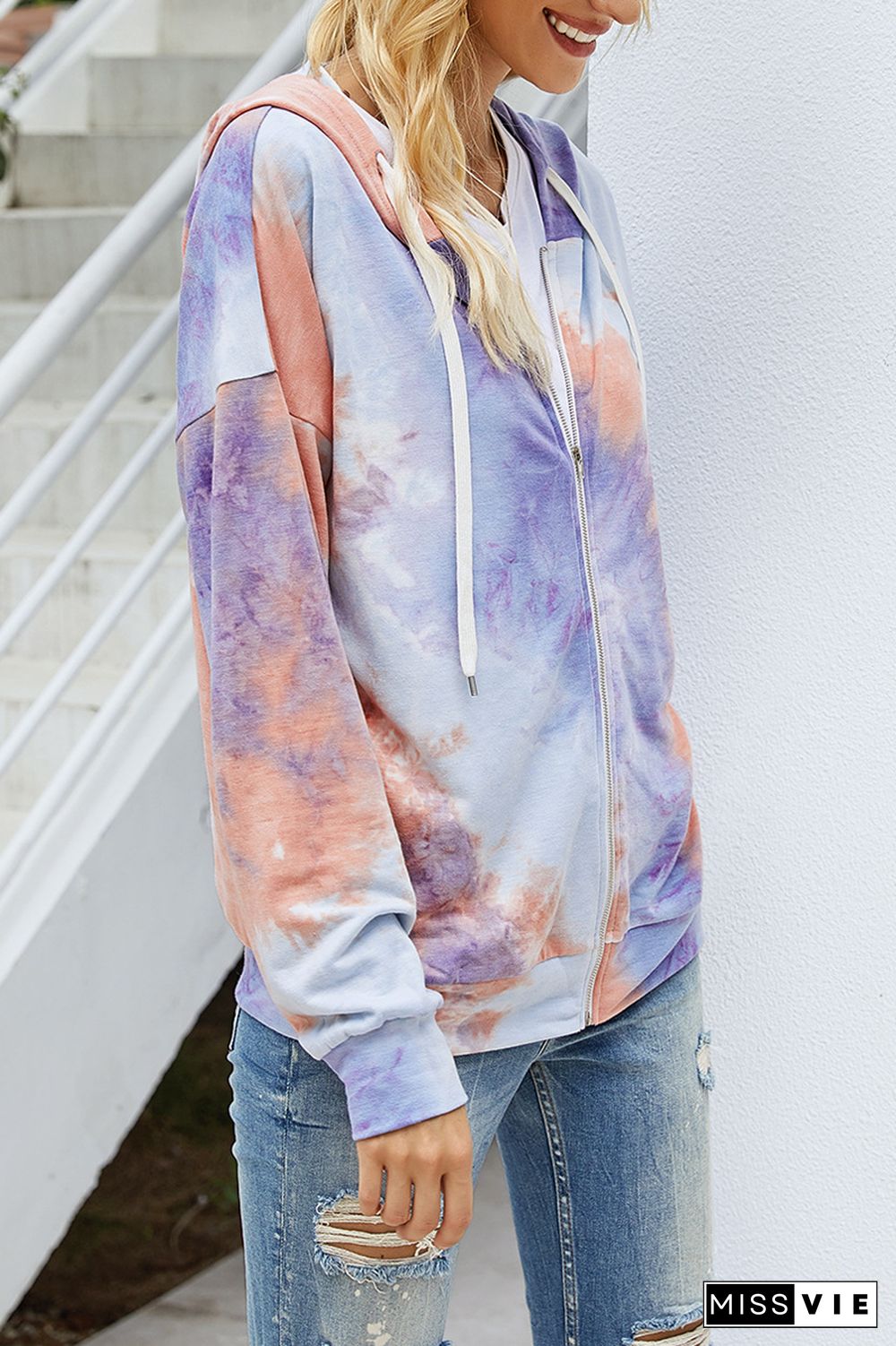 Tie Dye Zipper Long Sleeve Hoodie Coat