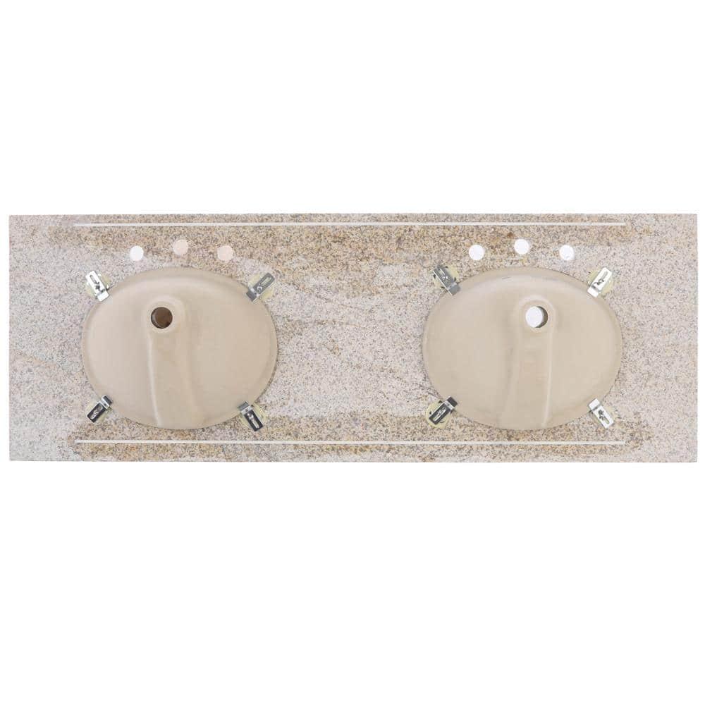 Home Decorators Collection 61 in Granite Vanity Top in Beige with Double White Bowls and 8 in Faucet Spread