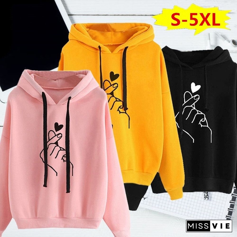 Womens Fashion Long Sleeve Solid Color Printed Heart Hooded Sweater Hoodies Casaul Finger Heart Hooded Pullover Hoodies Sweatshirts Plus Size S-5Xl