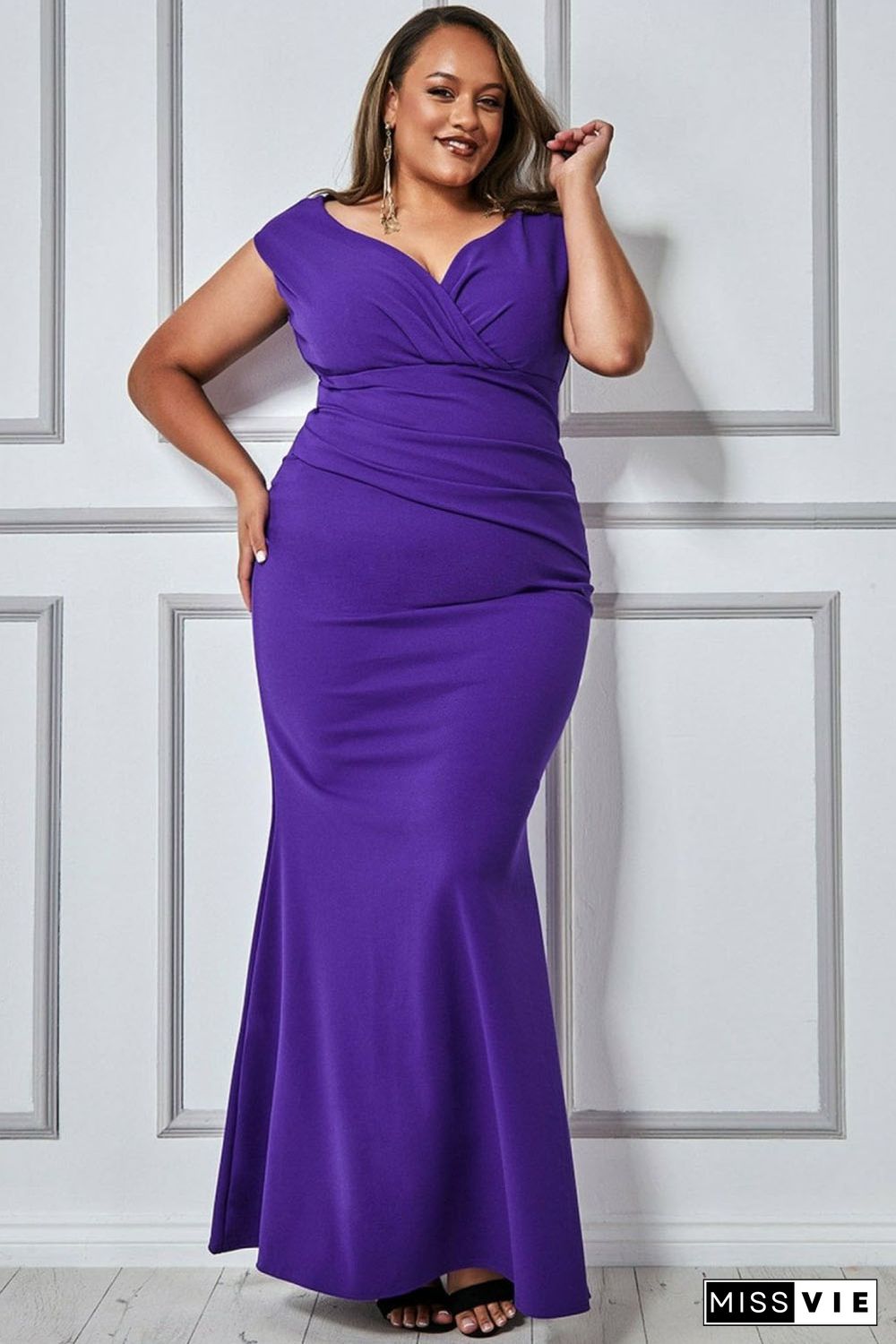 Purple Plus Size Fit and Flare Pleated V Neck Maxi Dress