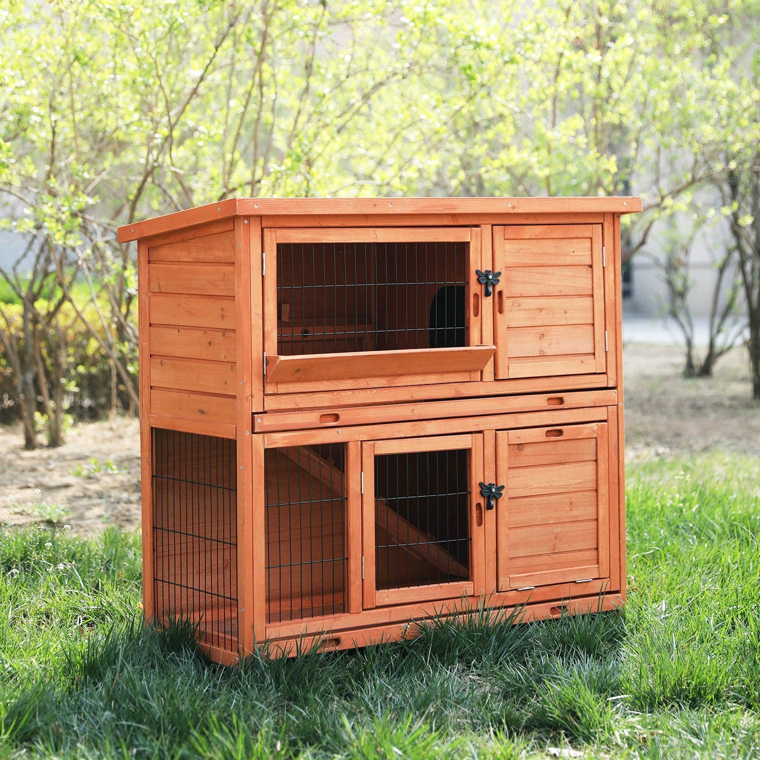 LAZY BUDDY Rabbit Hutch， Indoor Outdoor Wooden Bunny Cage with Waterproof Roof， Removable Tray