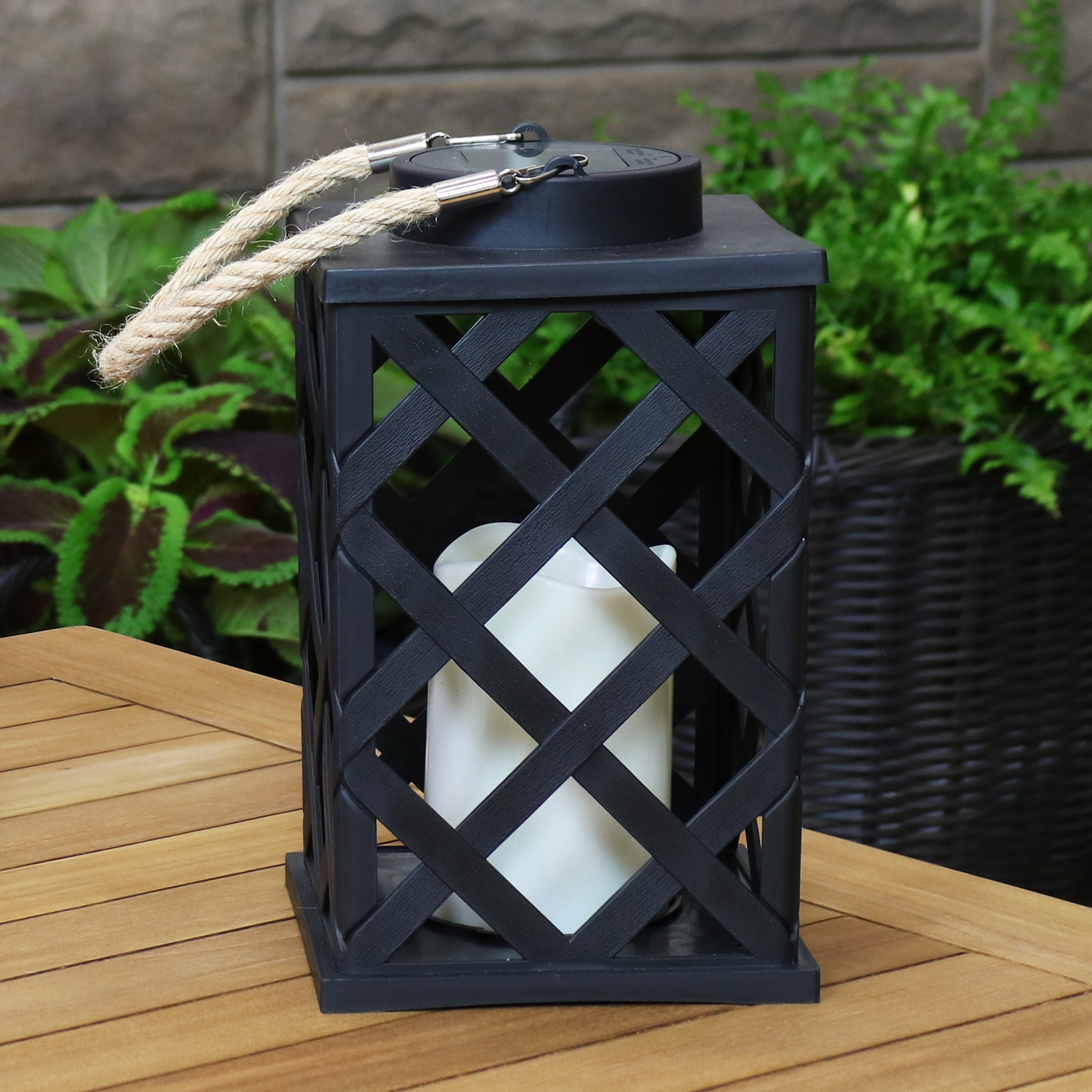 Sunnydaze Outdoor Modern Crosshatch Hanging Tabletop Solar LED Rustic Farmhouse Decorative Candle Lantern - 9