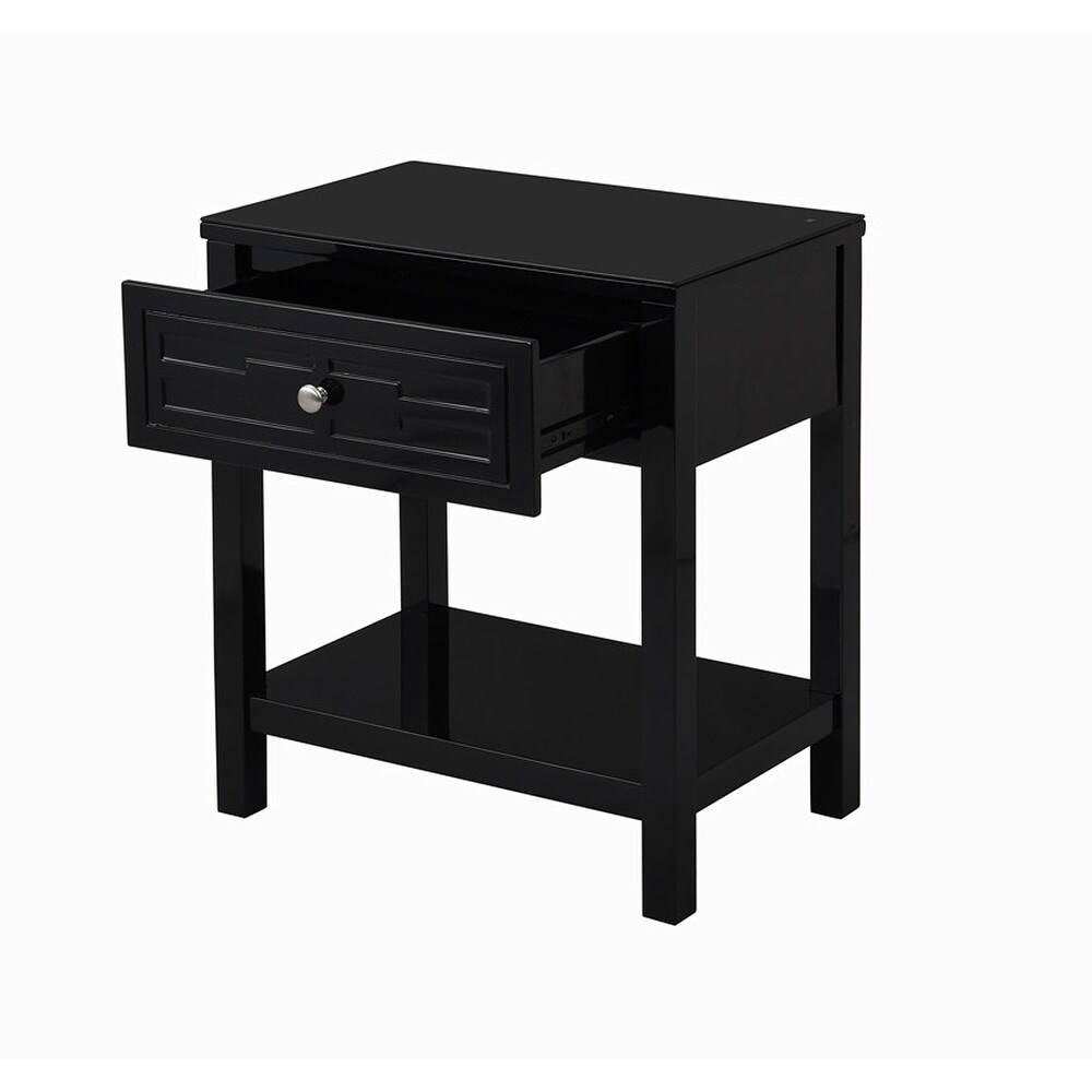 Wooden End Side Table Nightstand with Glass Top and Drawer