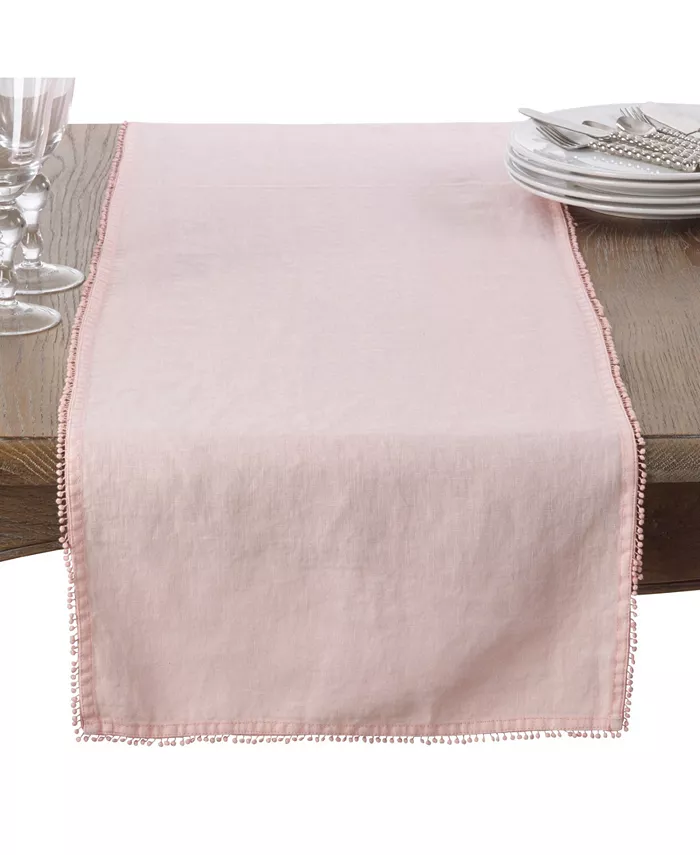 Saro Lifestyle Pom Pom Design Linen Dining Room Table Runner