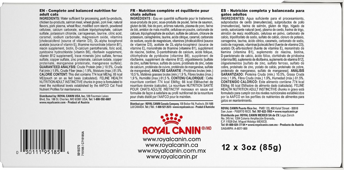 Royal Canin Adult Instinctive Chunks in Gravy Cat Food Pouches