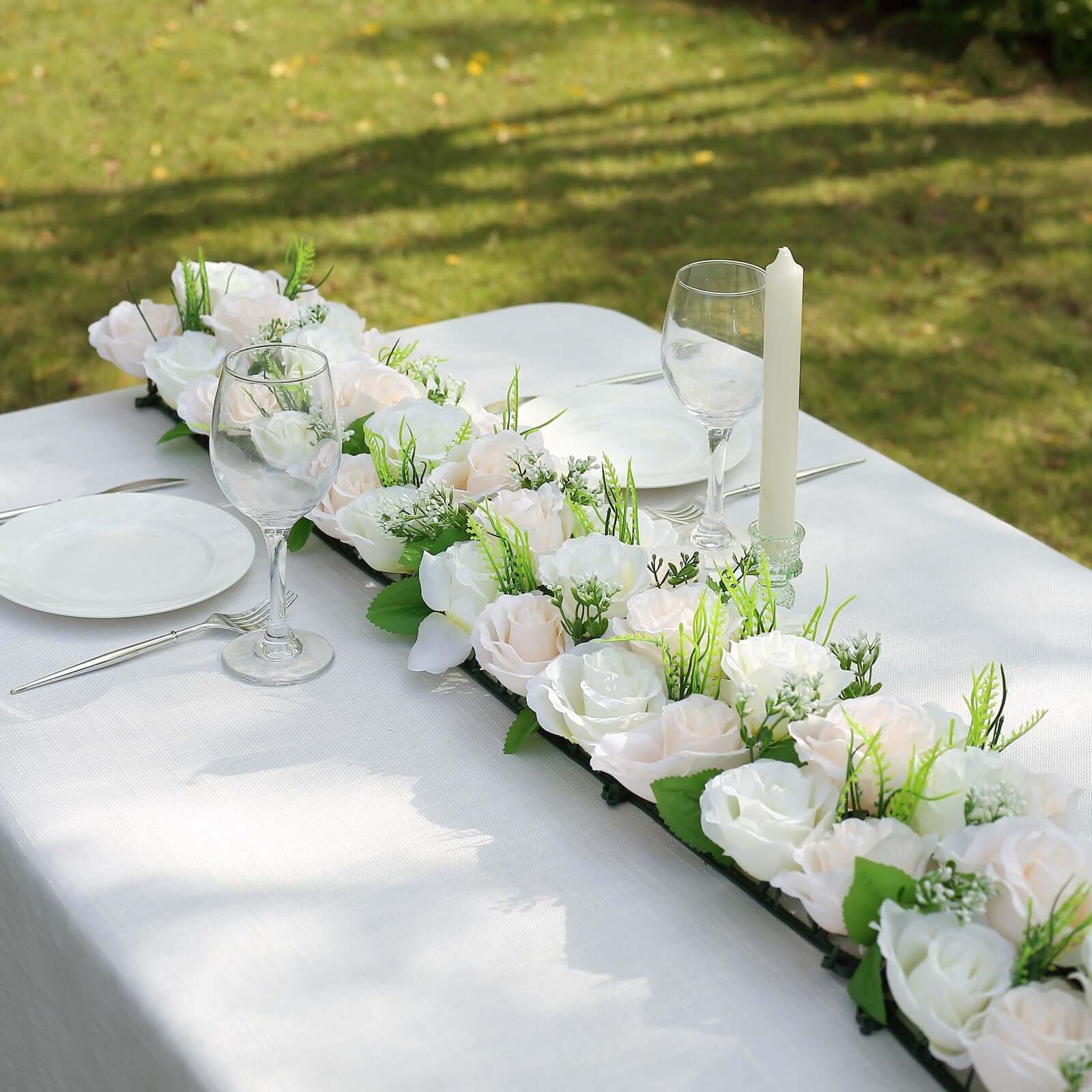 6 Pack Cream Ivory Silk Rose Flower Panel Table Runner, Artificial Floral Arrangements Dining Table Decor - 20