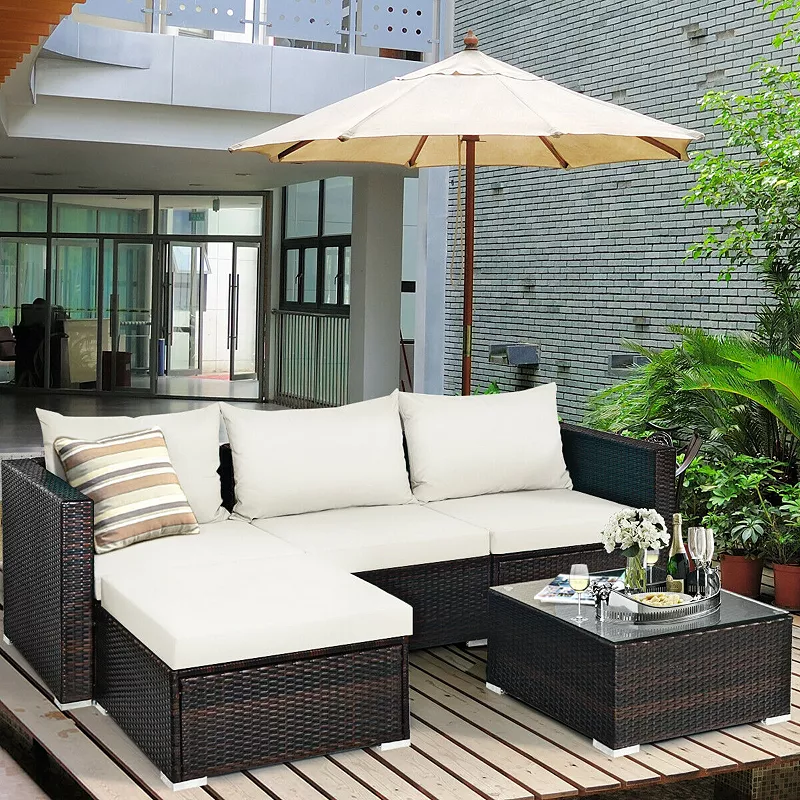 5 Pieces Patio Rattan Sectional Furniture Set with Cushions and Coffee Table