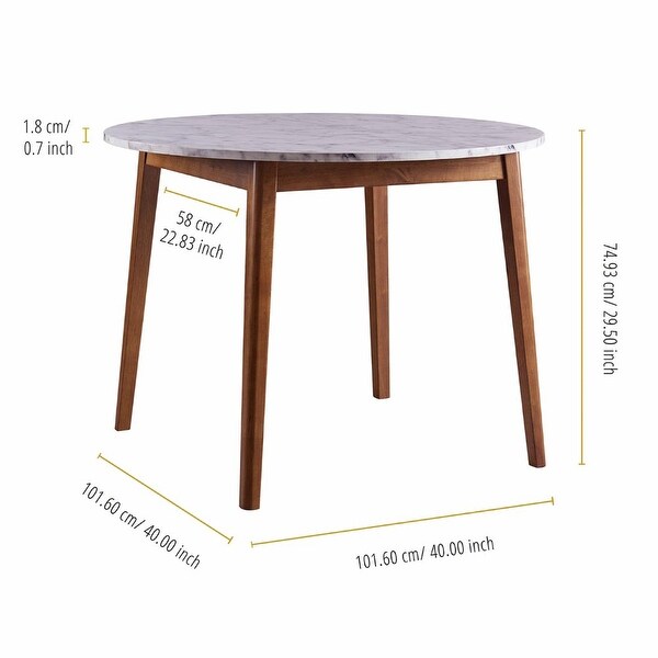 Wooden Round Dining Table with Faux Marble Top， White/Walnut