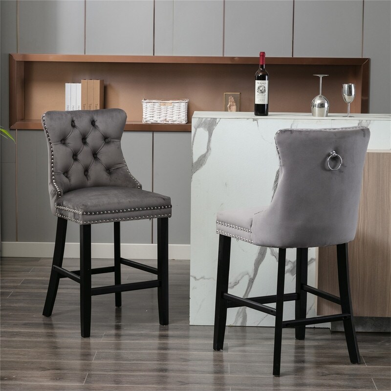 Counter Height Bar Stools Set of 2  Velvet Upholstered Dining Chairs with Nailhead Trim  Wooden Legs  Button Tufted Decor