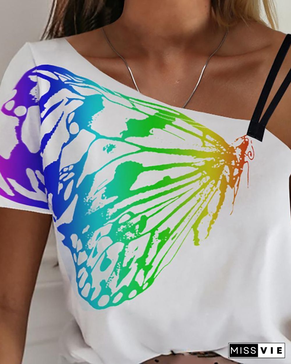 One Shoulder Butterfly Print Casual T-shirt P13715