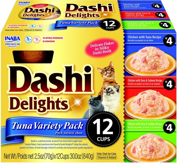 Inaba Dashi Delight Tuna Flavored Variety Pack Bits in Broth Cat Food Topping， 2.5-oz cup， case of 12