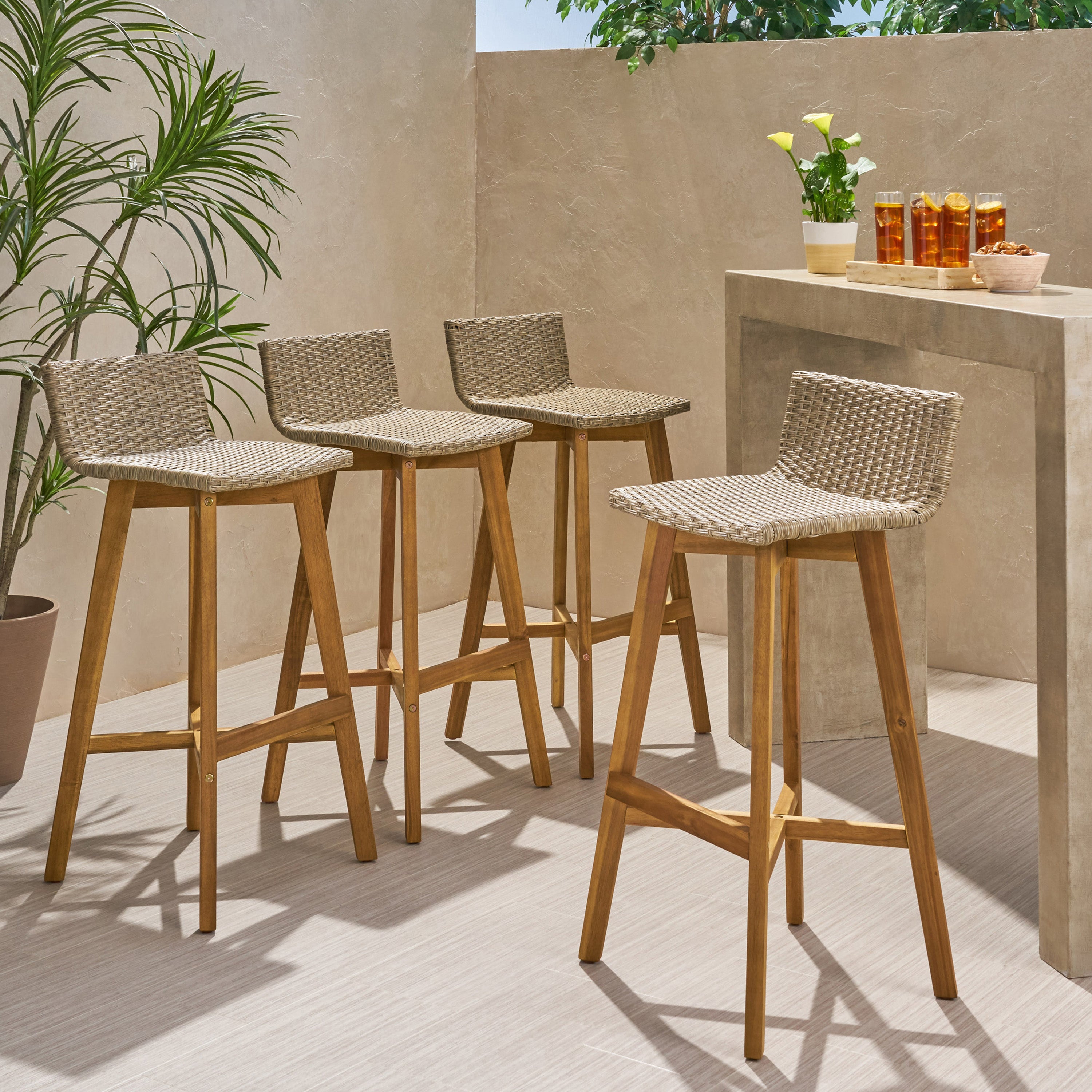 Jessie Outdoor Wood & Wicker Barstools (Set of 4)