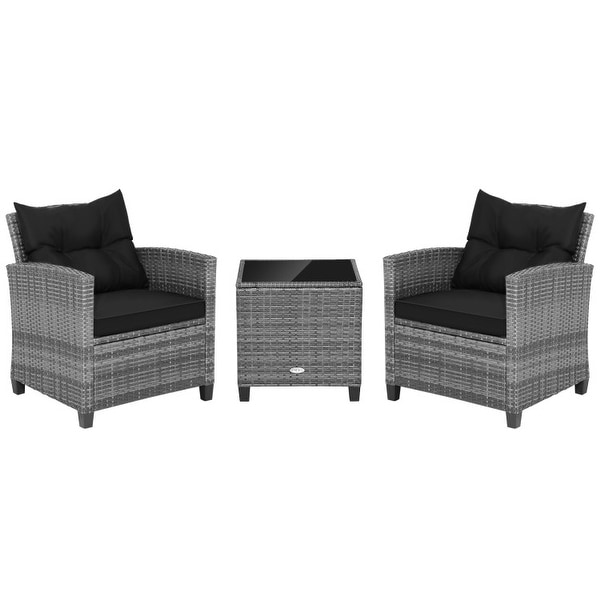 3Piece Outdoor Wicker Patio Furniture Set with Tempered Glass Coffee Table