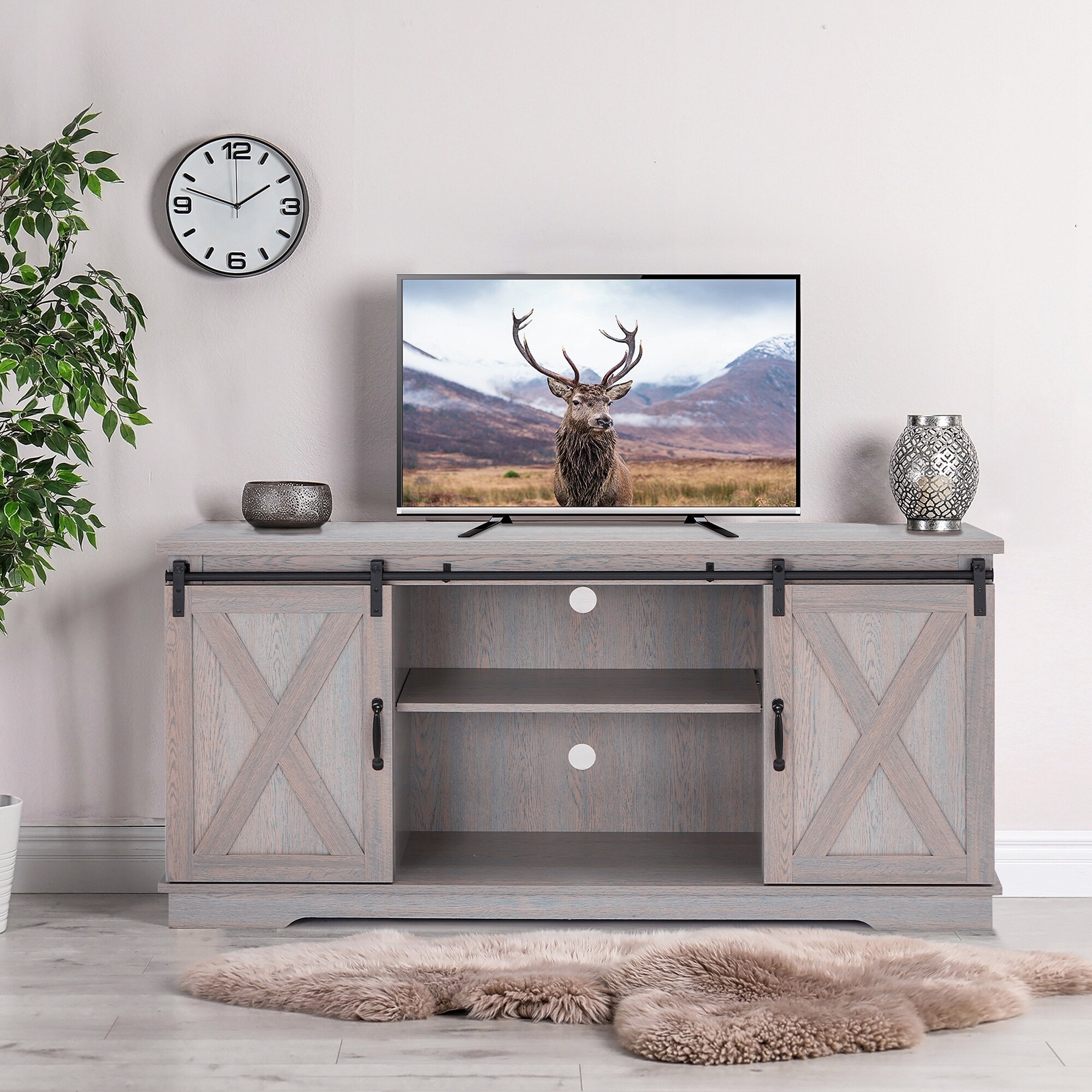 Sliding Barn Door TV Stand，Storage Wood Media Console Table Cabinet Adjustable Shelf for TVs up to 65