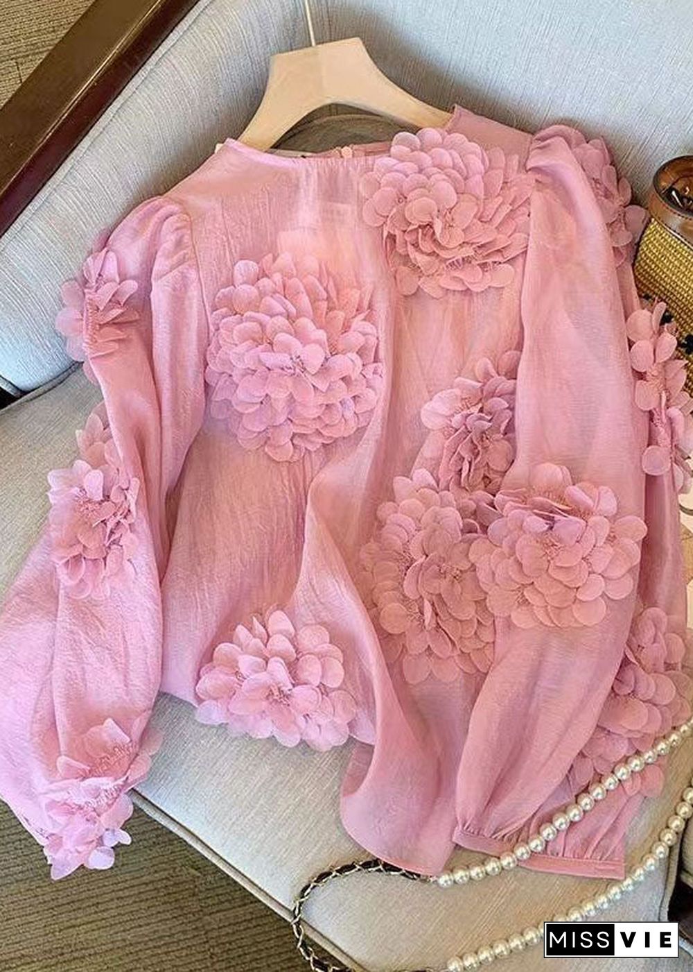 Unique Pink O Neck Floral Decorated Chiffon Shirt Tops Spring