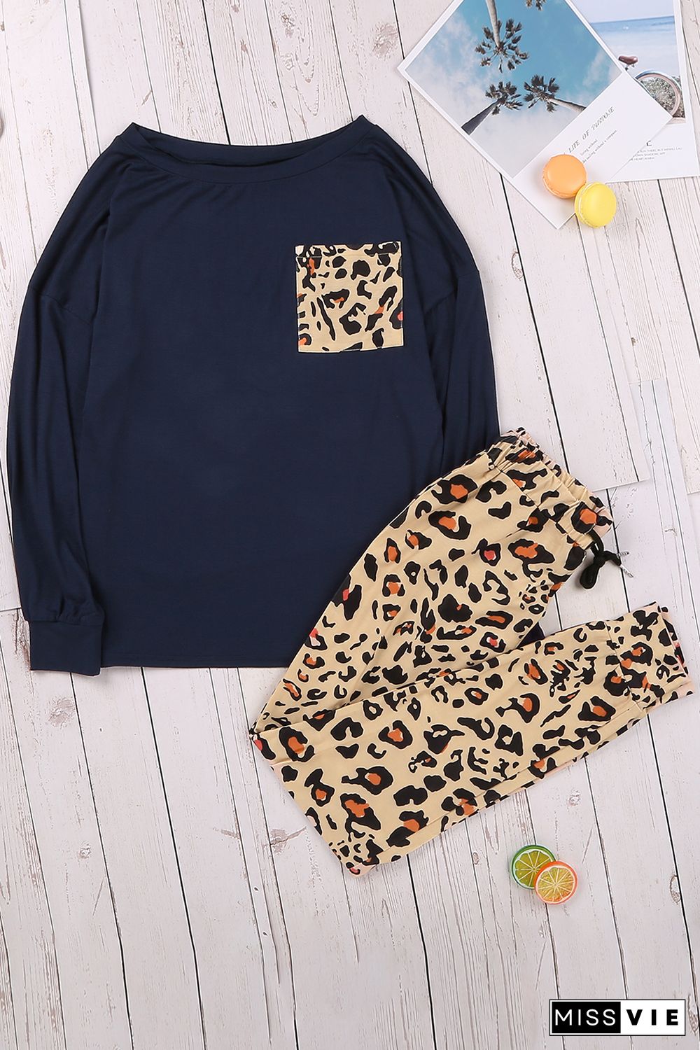 Blue Casual Long Sleeve Leopard Pants Loungewear Set