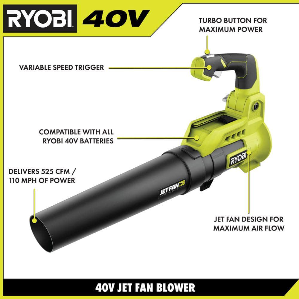 RYOBI 40V 110 MPH 525 CFM Cordless Battery VariableSpeed Jet Fan Leaf Blower with 40 Ah Battery and Charger