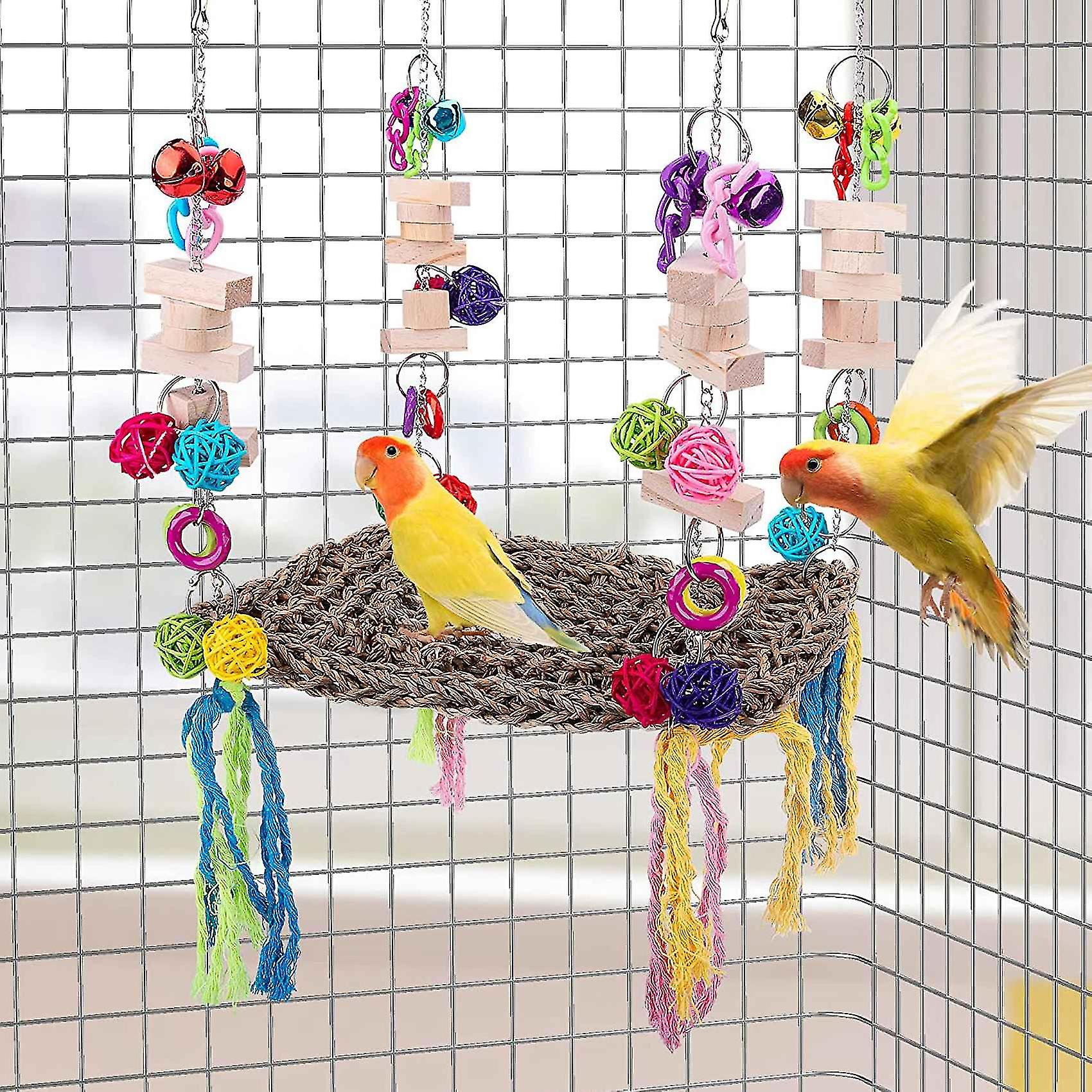 Bird Parrot Foraging Wall Mat Toys， Edible Seagrass Bird Swing Mat With Colorful Chewing Toy Activi