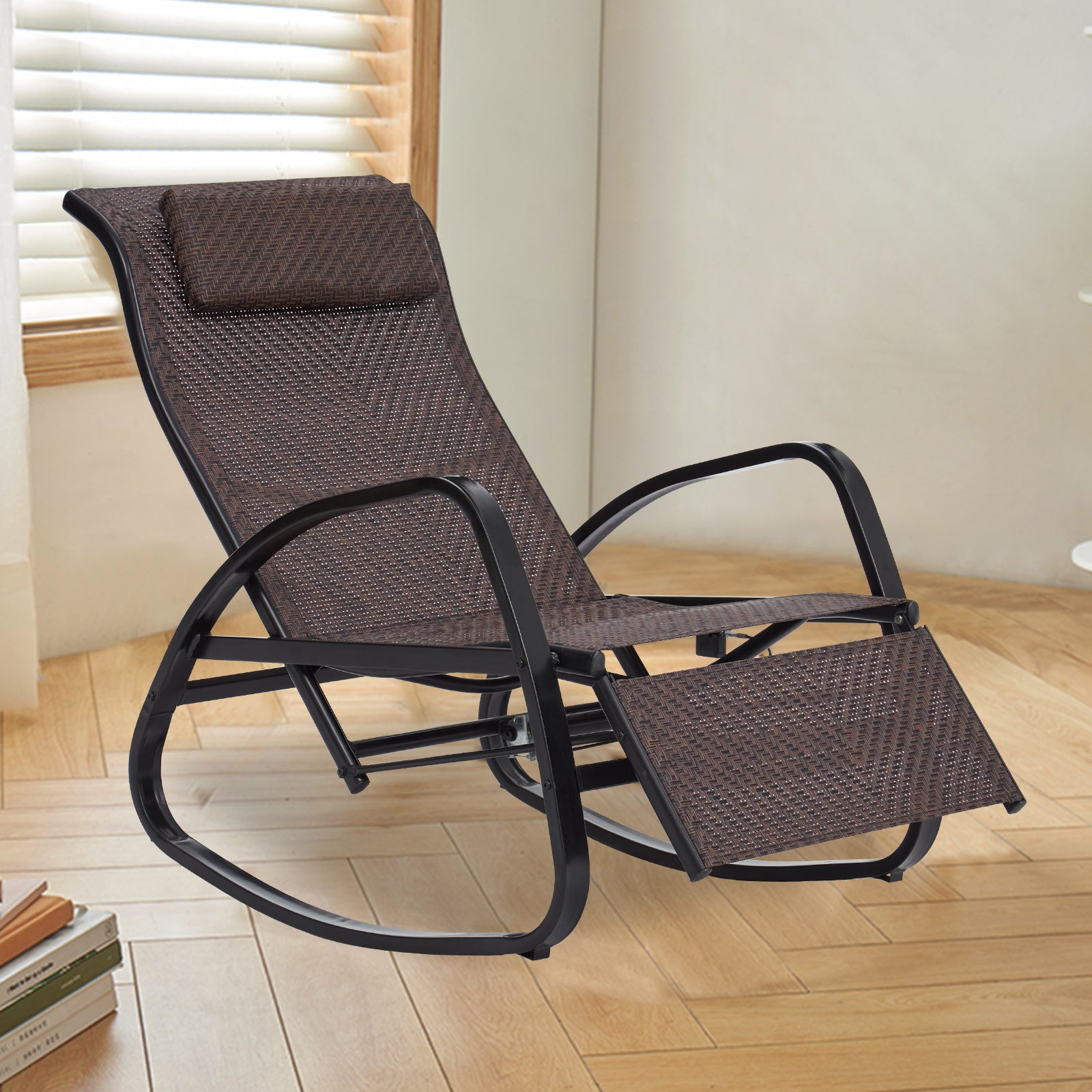 Kinbor Rocking Chairs Outdoor Recliner - Auto Adjustable Chairs with Removable Headrest & Side Pocket, Brown