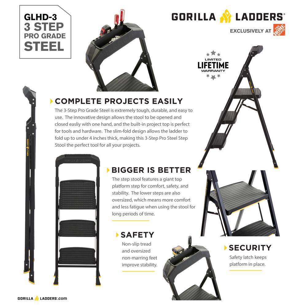 Gorilla Ladders 3-Step Pro-Grade Steel Step Stool 300 lbs. Load Capacity Type IA Duty Rating (9ft. Reach Height) GLHD-3