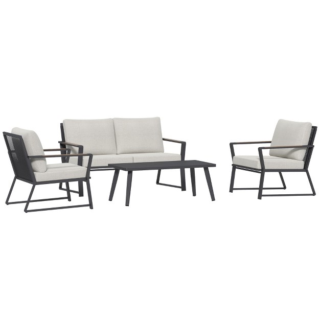 Outsunny 4 Piece Patio Furniture Set Aluminum Conversation Set Outdoor Garden Sofa Set With Armchairs Loveseat Center Coffee Table And Cushions