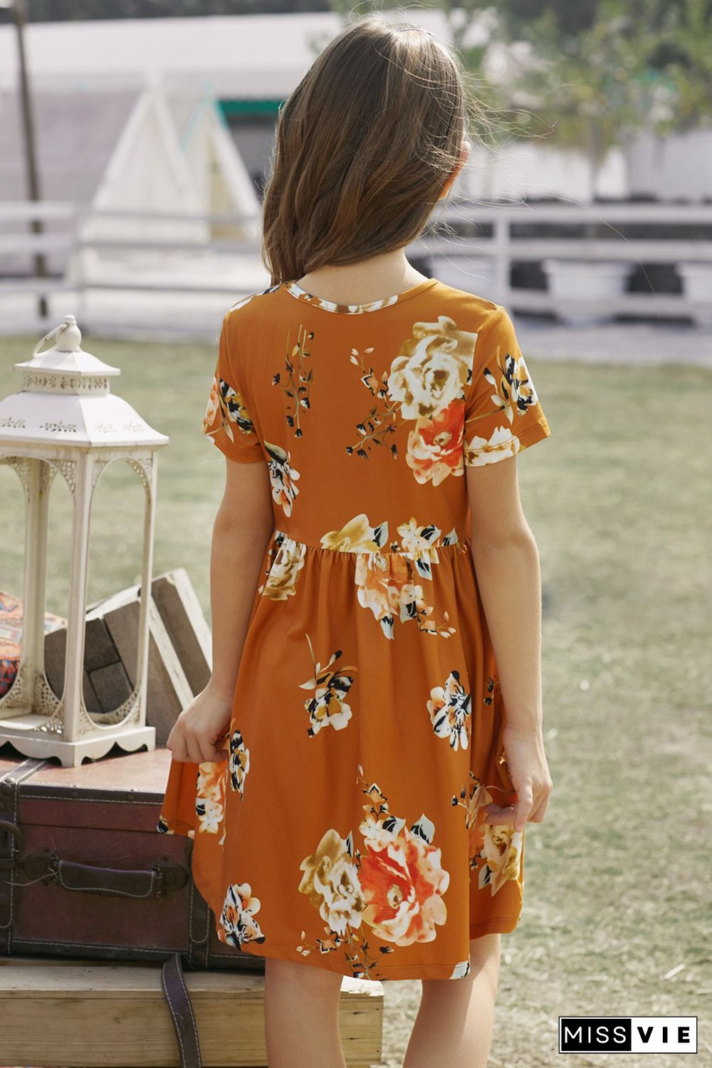 Orange Short Sleeve Pocketed Children's Floral Dress