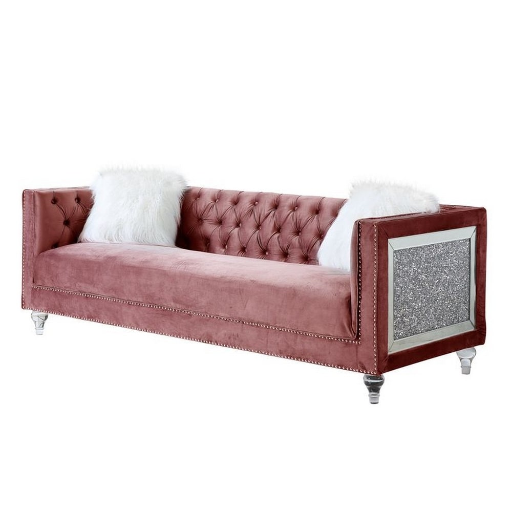 Sofa with Track Arms and Encrusted Faux Diamond Inlay  Pink