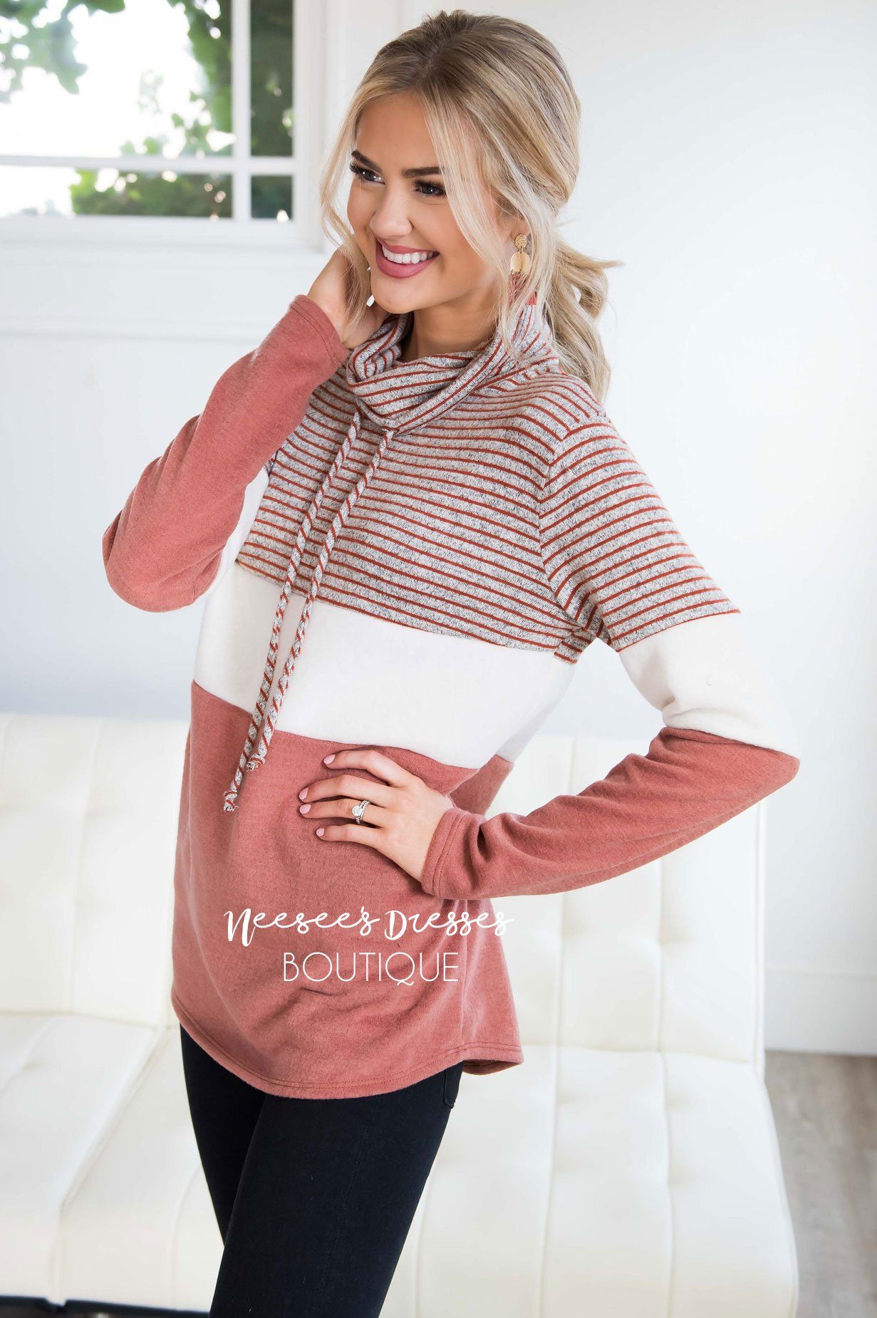 Cozy Cowl Neck Rust Color-block Sweater