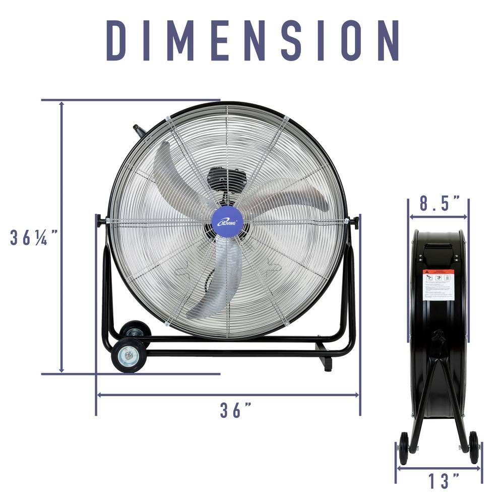 iLIVING 30 in. 3-Speed Portable High Velocity Drum Fan with 8300 CFM Industrial Commercial Air Circulator ILG8MF30-83