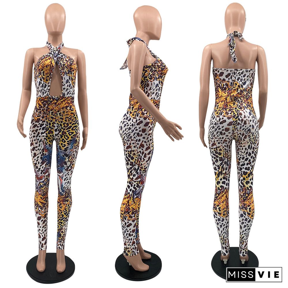 Summer Hot Leopard Print Halter Neck Sleeveless Chest Hollow Out Bodycon Club Elastic One Piece Jumpsuit