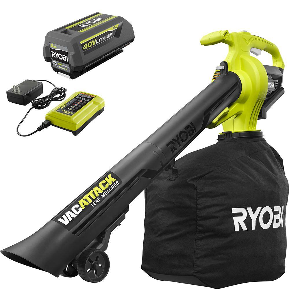 RYOBI 40V Vac Attack Cordless Leaf VacuumMulcher with 5.0 Ah Battery and Charger RY40451