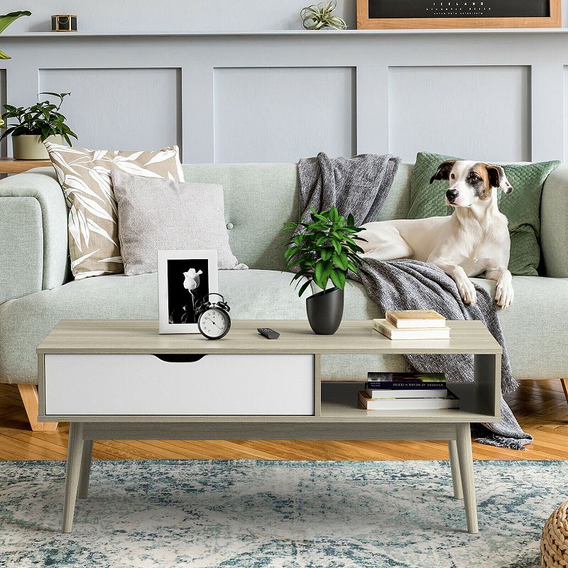 Coffee Cocktail Accent Table with Drawer and Storage Shelf-Gray